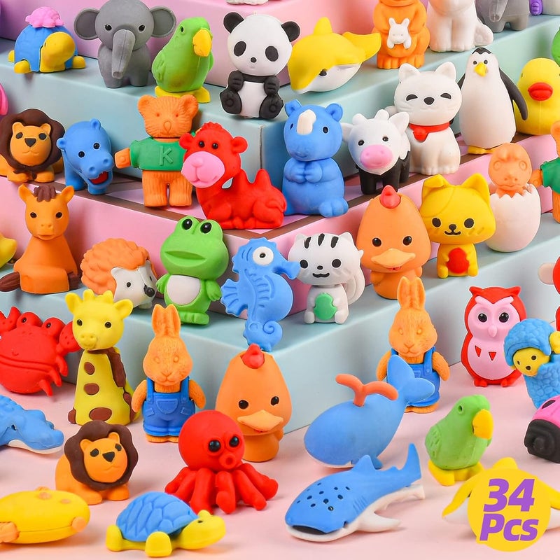 Kaemi 34Pcs Animal Erasers - Kids Desk Pets Bulk 5D Puzzle Erasers Take Apart Toys for Party Favors & Treasure Box Games - Image 1